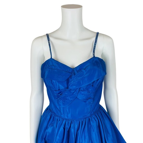Vintage 50s Sapphire Dress Rhinestone Straps Blue Sweetheart Prom Gown | W 26" - Picture 11 of 16
